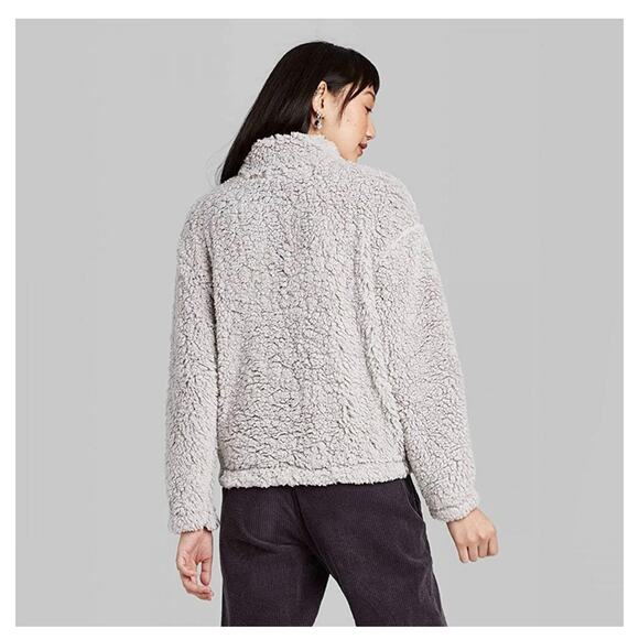 Wild Fable Grey Quarter Zip Pullover Sherpa Jacket Womens Medium - Picture 2 of 9